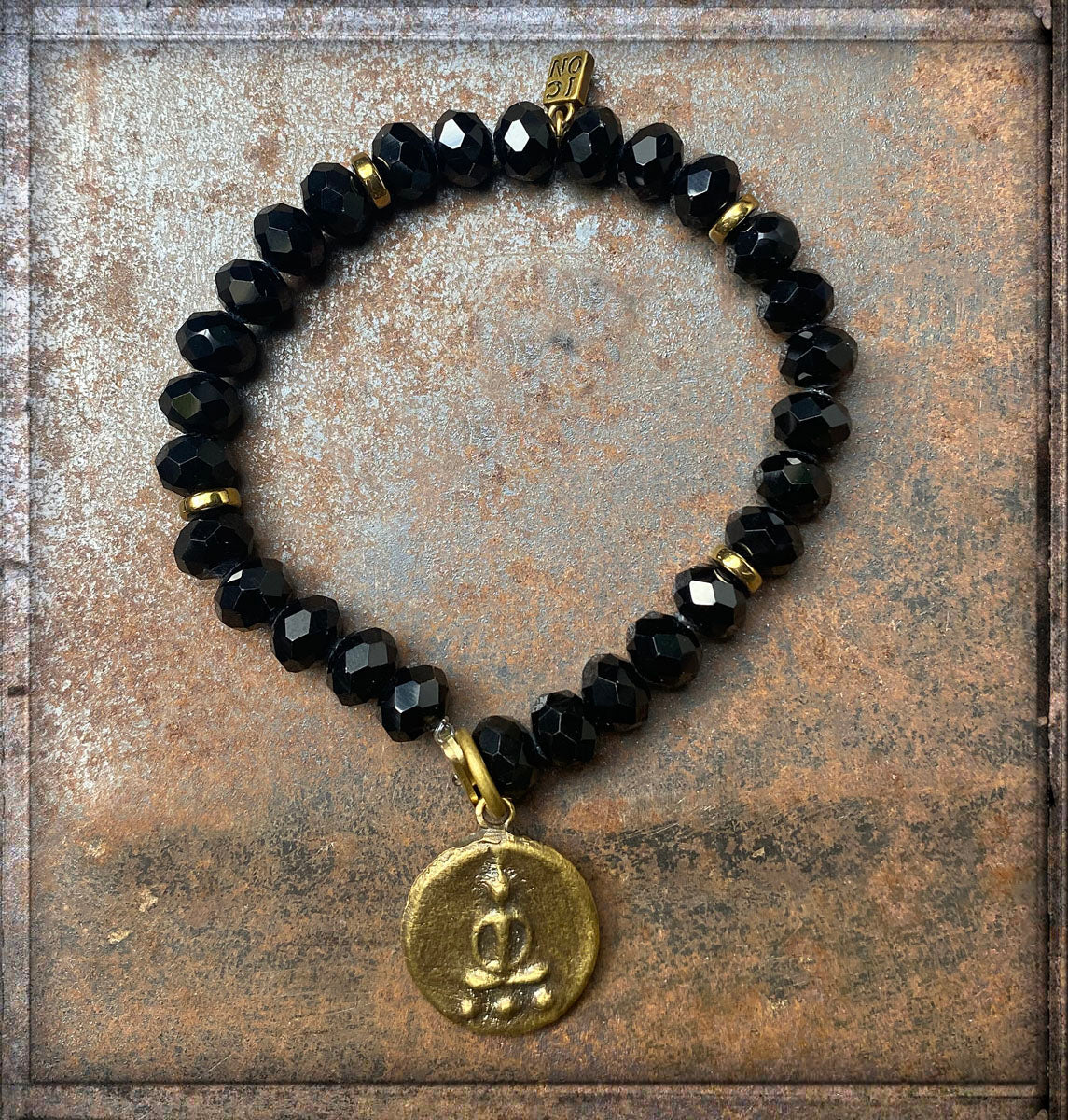 ICON Design Living Buddha-Armband Kristallperlen Facettiert Schwarz Amulett Vergoldet