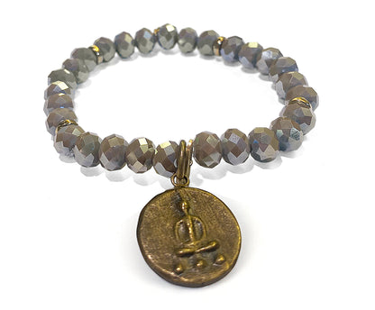 ICON Design Living Buddha-Armband Kristallperlen Facettiert Taupe Amulett Vergoldet Dehnbar