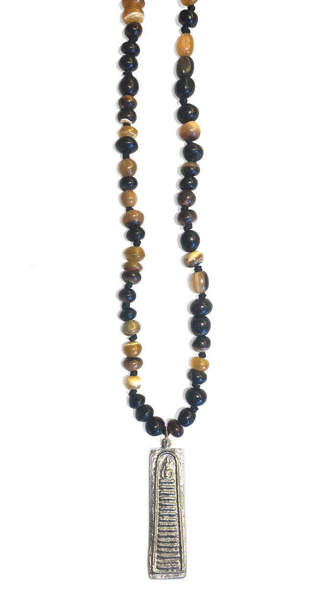 ICON Design Living Buddhakette Amulett Länglich Silberfarben Horn-Perlen 120 cm Lang