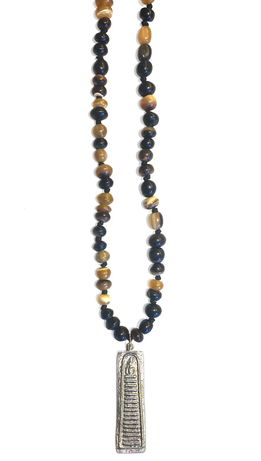 ICON Design Living Buddhakette Amulett Länglich Silberfarben Horn-Perlen 120 cm Lang