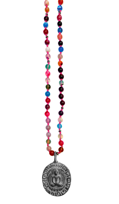 ICON Design Living Buddhakette Amulett Oval Silberfarben Achat Bunt Multicolor 6 mm 90 cm Lang