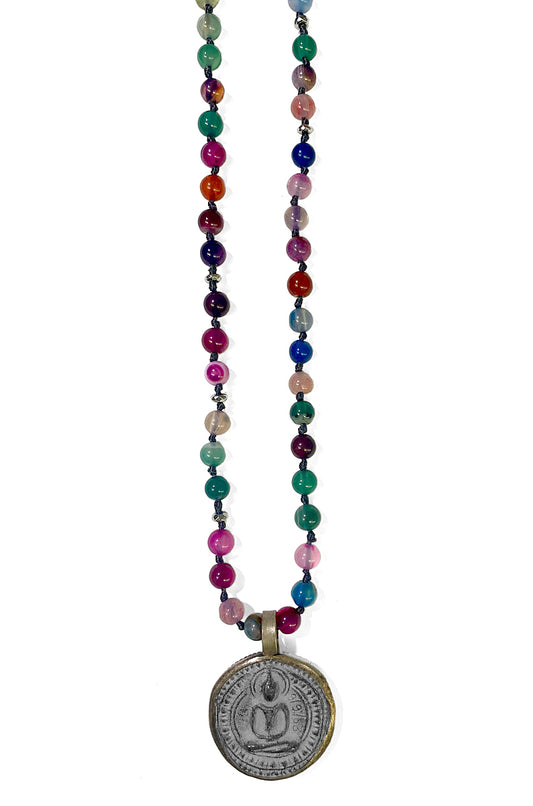 ICON Design Living Buddhakette Amulett Rund Achat Bunt Multicolor 6 mm 90 cm Lang