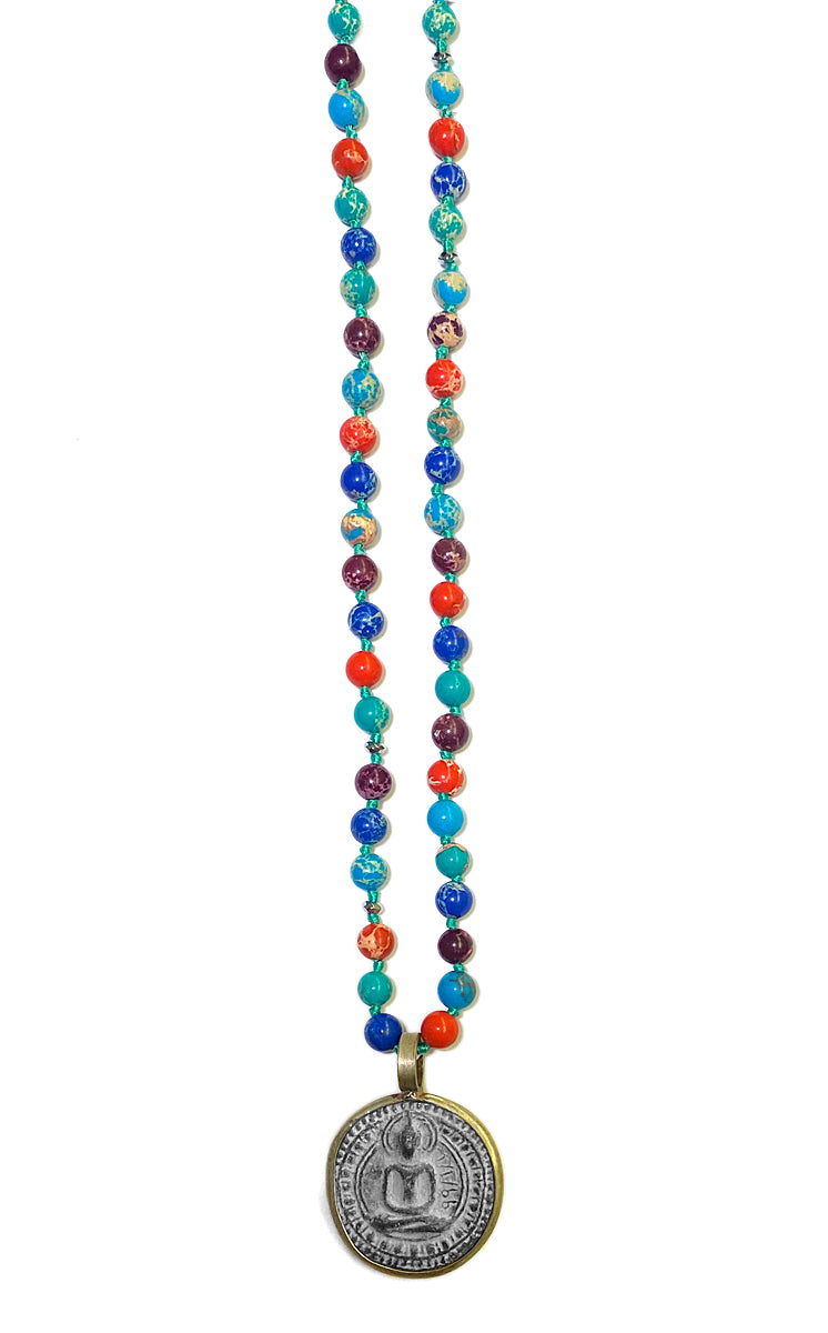 ICON Design Living Buddhakette Amulett Rund Jaspis Multicolor Rot Türkis Blau 6 mm 90 cm Lang