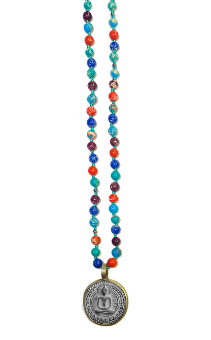 ICON Design Living Buddhakette Amulett Rund Jaspis Multicolor Rot Türkis Blau 6 mm 90 cm Lang