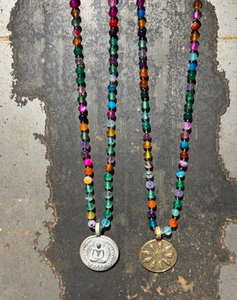 ICON Design Living Buddhaketten Amulett Rund Achat Bunt Multicolor 6 mm 90 cm Lang