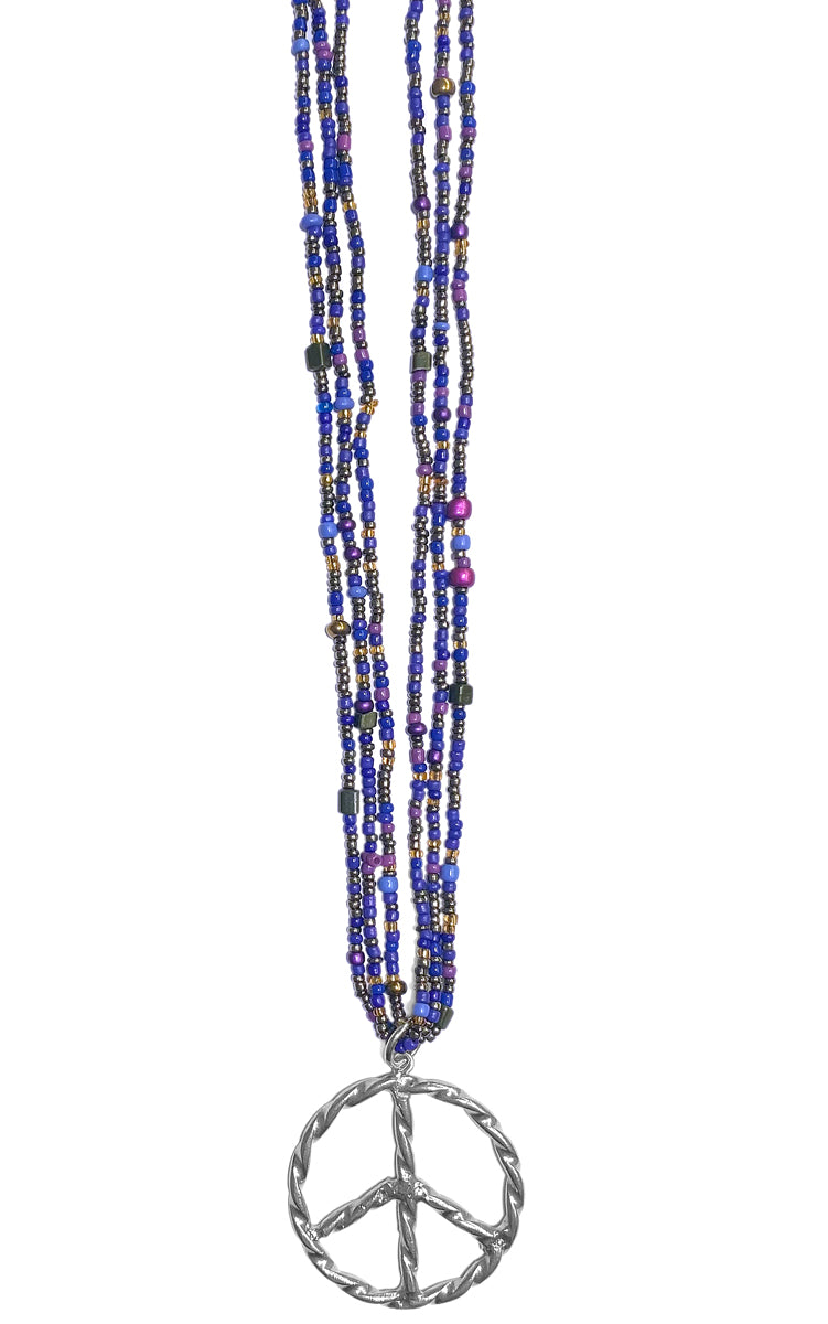 ICON Design Living Kette Peace-Anhänger Silberfarben Dreireihig Glasperlen Blau 90 cm Lang
