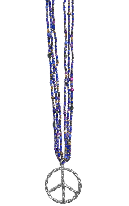 ICON Design Living Kette Peace-Anhänger Silberfarben Dreireihig Glasperlen Blau 90 cm Lang