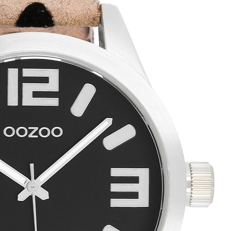 OOZOO Damenuhr C0901 Leoparden-Armband 46 mm Schwarzes Zifferblatt Lederarmband Animal Print Detail