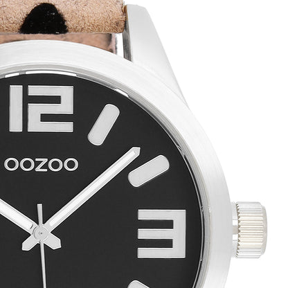 OOZOO Damenuhr C0901 Leoparden-Armband 46 mm Schwarzes Zifferblatt Lederarmband Animal Print Detail