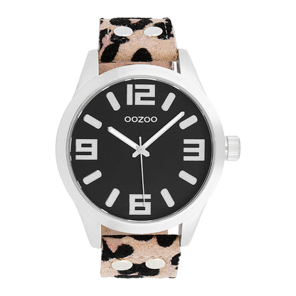 OOZOO Damenuhr C0901 Leoparden-Armband 46 mm Schwarzes Zifferblatt Lederarmband Animal Print