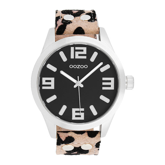 OOZOO Damenuhr C0901 Leoparden-Armband 46 mm Schwarzes Zifferblatt Lederarmband Animal Print
