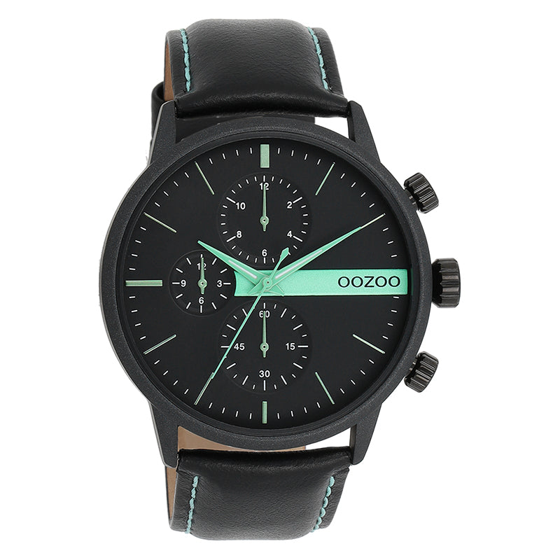 OOZOO Chronograph Schwarz Plattiert Lederarmband Schwarz Mint 45 mm C11229