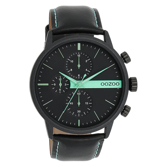 OOZOO Chronograph Schwarz Plattiert Lederarmband Schwarz Mint 45 mm C11229