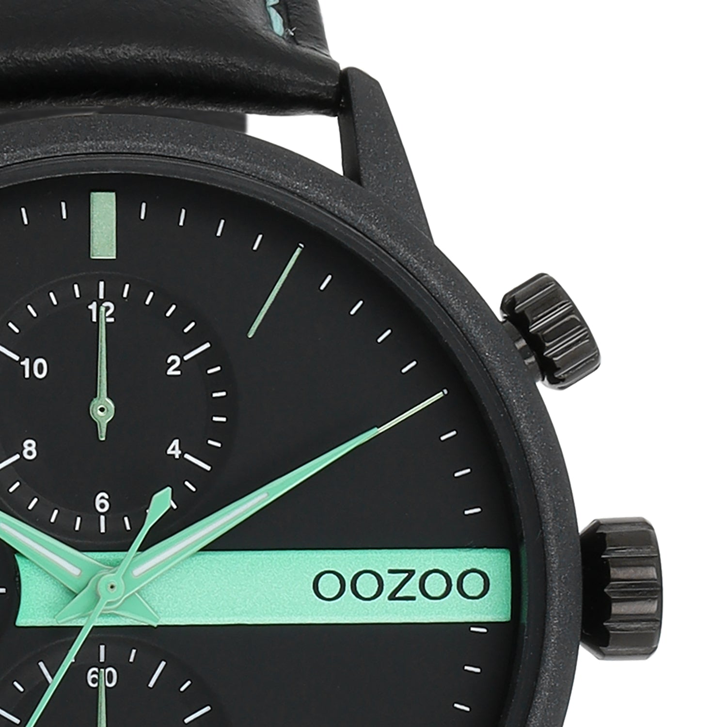 OOZOO Chronograph Schwarz Plattiert Lederarmband Schwarz Mint 45 mm C11229 Detail