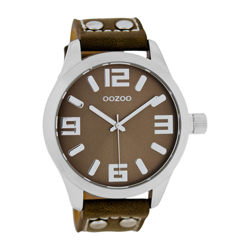 OOZOO Uhr Braun Edelstahlgehäuse Lederarmband Große Ziffern 46 mm C1064