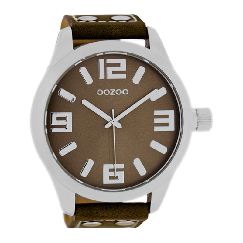OOZOO Uhr Braun Edelstahlgehäuse Lederarmband Große Ziffern 51 mm C1014