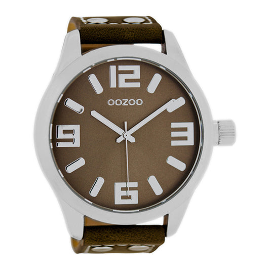 OOZOO Uhr Braun Edelstahlgehäuse Lederarmband Große Ziffern 51 mm C1014