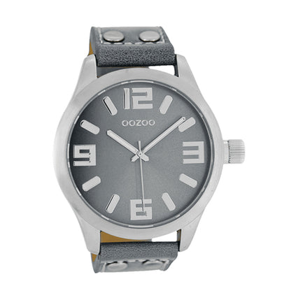 OOZOO Uhr Grau Edelstahlgehäuse Lederarmband Große Ziffern 46 mm C1060