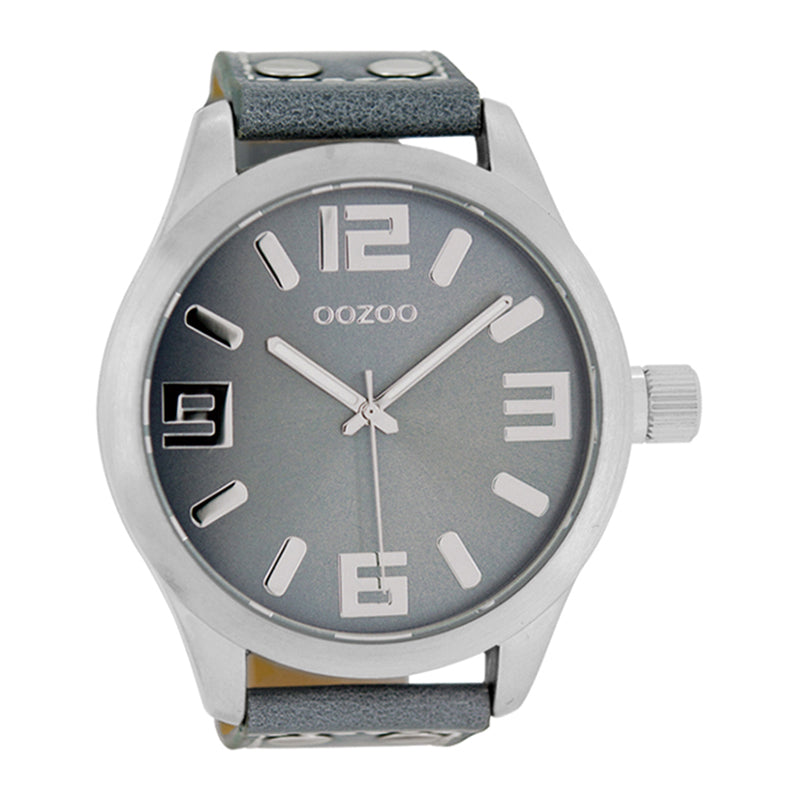 OOZOO Uhr Grau Edelstahlgehäuse Lederarmband Große Ziffern 51 mm C1010