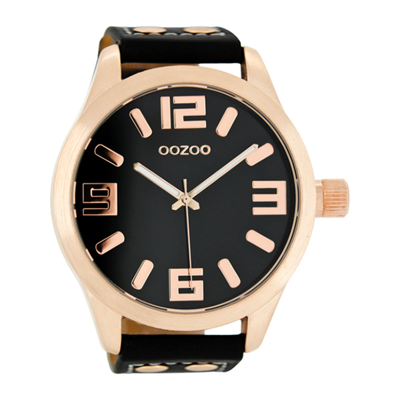OOZOO Uhr Rosé Plattiert Schwarz Lederarmband Große Ziffern 51 mm C1109