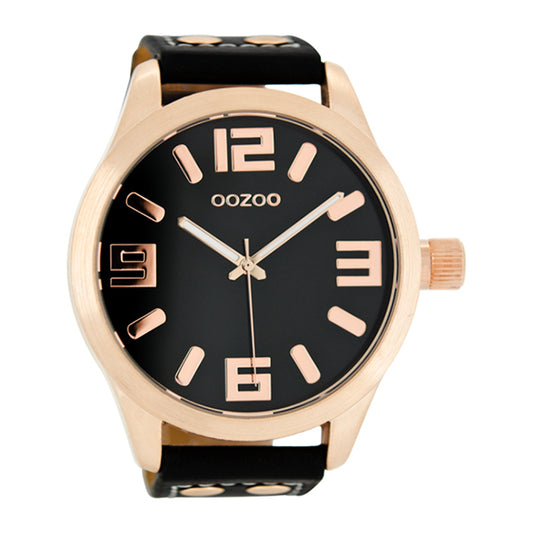 OOZOO Uhr Rosé Plattiert Schwarz Lederarmband Große Ziffern 51 mm C1109