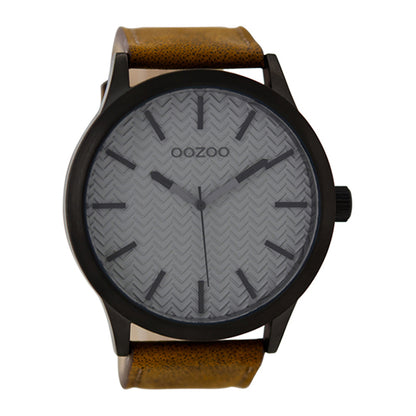 OOZOO Uhr Schwarz Plattiert Lederarmband Braun Struktur-Zifferblatt Grau 48 mm C9012