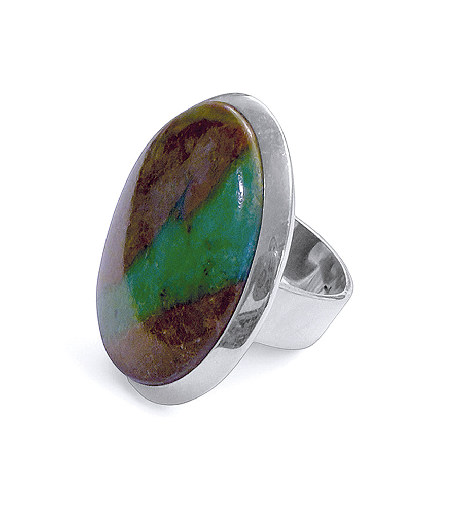 Steinring Chrysopras Rohstein Groß Rund Sterling Silber Größenverstellbar Unikat