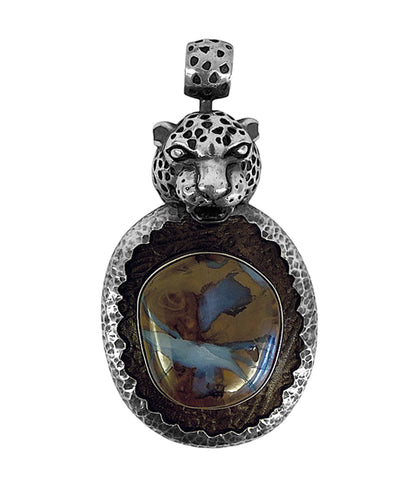 Leopardenkopf-Anhänger Boulder-Opal Cabochon Schwarze Brillanten Geprägtes Leder Braun 925 Sterling Silber Unikat 7,5 cm