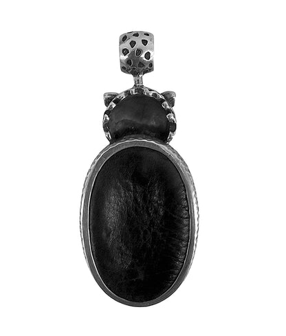 Leopardenkopf-Anhänger Kunzit Cabochon Rosa Schwarze Brillanten Leder Schwarz 925 Sterling Silber Unikat 7,5 cm lang Rückseite