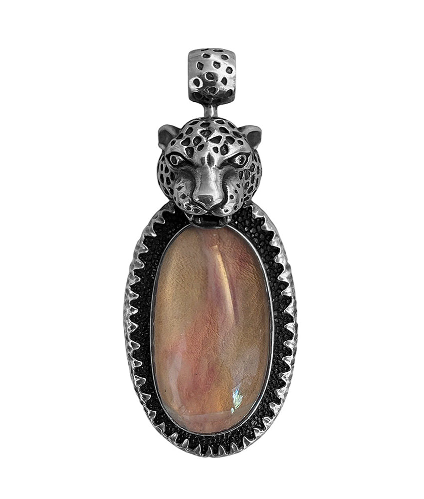 Leopardenkopf-Anhänger Kunzit Cabochon Rosa Schwarze Brillanten Leder Schwarz 925 Sterling Silber Unikat 7,5 cm