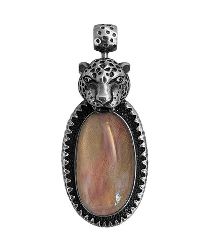 Leopardenkopf-Anhänger Kunzit Cabochon Rosa Schwarze Brillanten Leder Schwarz 925 Sterling Silber Unikat 7,5 cm