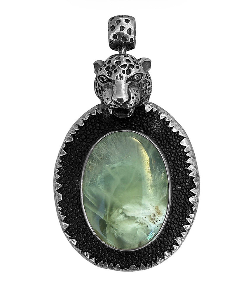 Leopardenkopf-Anhänger Prehnit Cabochon Schwarze Brillanten Leder Schwarz 925 Sterling Silber Unikat 8,6 cm