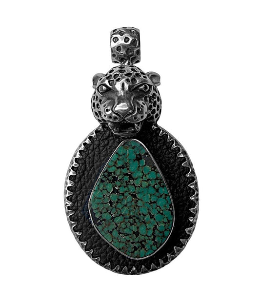 Leopardenkopf Anhänger Unikat Türkis Leder Schwarz Brillanten 925 Sterling Silber