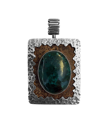 Rechteckiger Anhänger Malachit Cabochon Leder Braun Zackenfassung gehämmert 925 Sterling Silber Unisex Unikat
