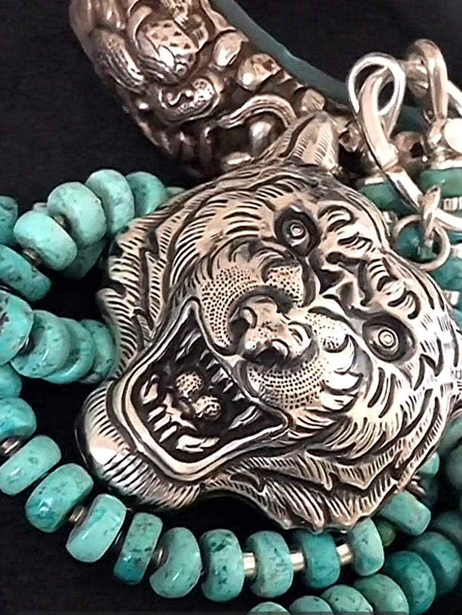 Anhänger Tigerkopf Lotusblüte 925 Sterling Silber Türkiskette