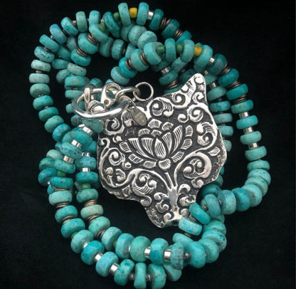 Anhänger Tigerkopf Lotusblüte 925 Sterling Silber Türkiskette Unikat Rückseite