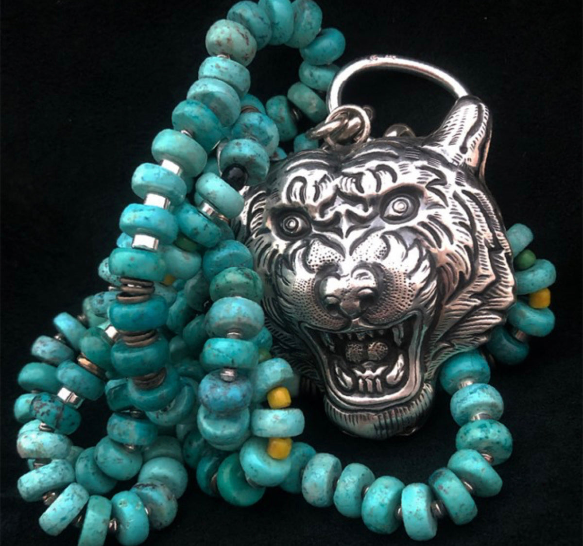 Anhänger Tigerkopf Lotusblüte 925 Sterling Silber Türkiskette Unikat