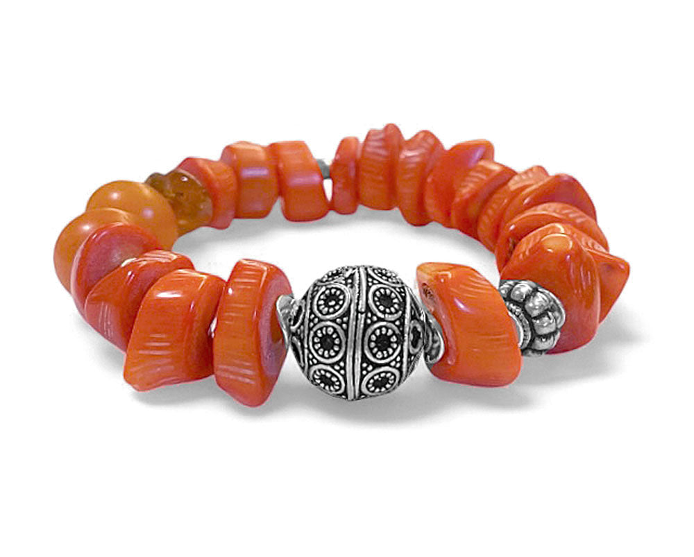 Armband Bambuskoralle Orange Resinperlen Bernstein 925 Sterling Silber Dehnbar Unikat