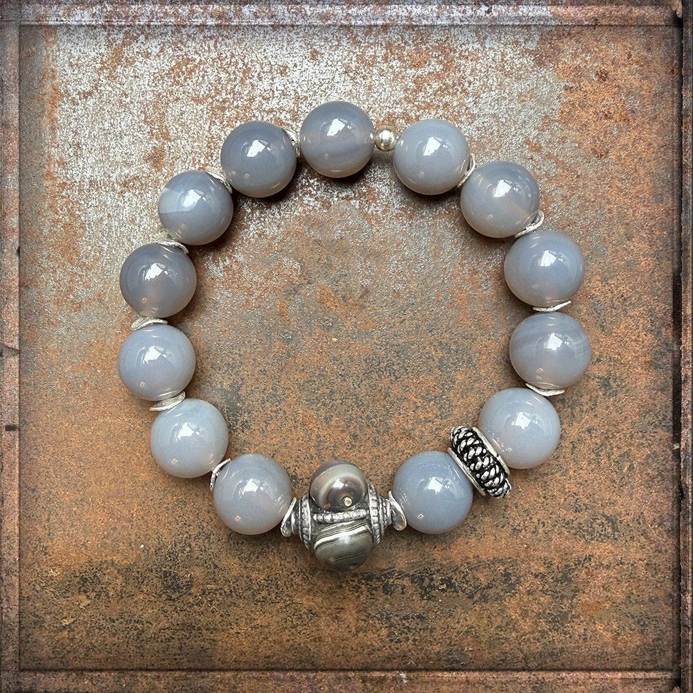 Ethno Armband Achat Grau Hornperle Sterling Silber Dehnbar Unikat Schmuck Reichenberger