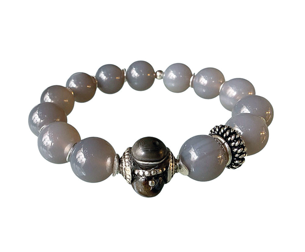 Achat Armband Ethno Boho Grau Hornperle Sterling Silber Dehnbar Unikat 