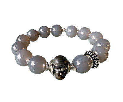 Achat Armband Ethno Boho Grau Hornperle Sterling Silber Dehnbar Unikat 