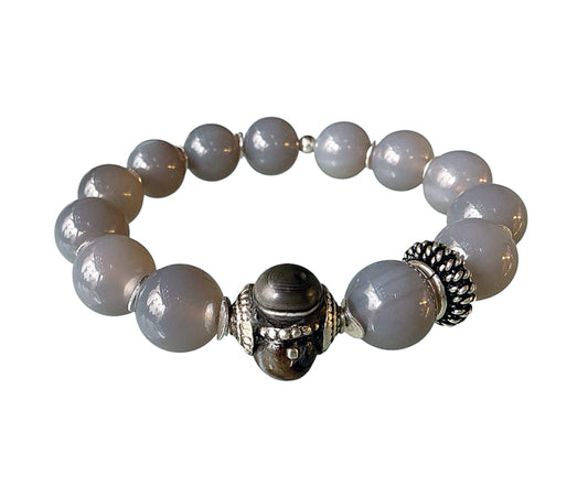 Achat Armband Ethno Boho Grau Hornperle Sterling Silber Dehnbar Unikat 