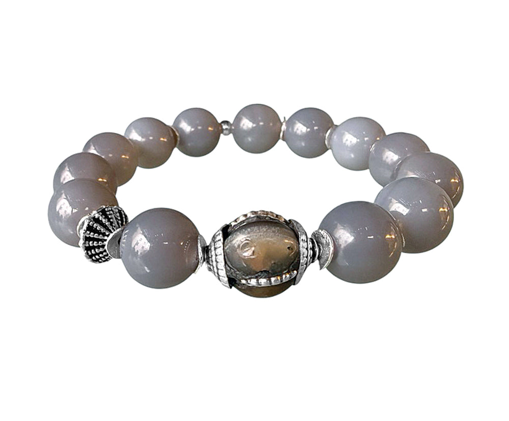 Armband Ethno Boho Achatperlen Grau Vintage Hornperle Sterling Silber Dehnbar Schmuck Reichenberger
