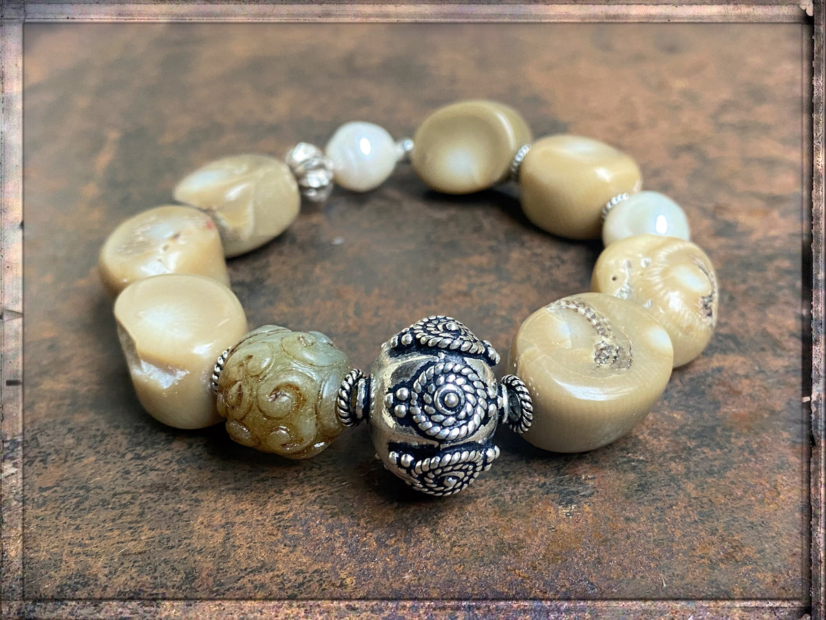 Ethno Armband Boho Bambuskoralle Jadeperle Süßwasserperle 925 Silber Unikat