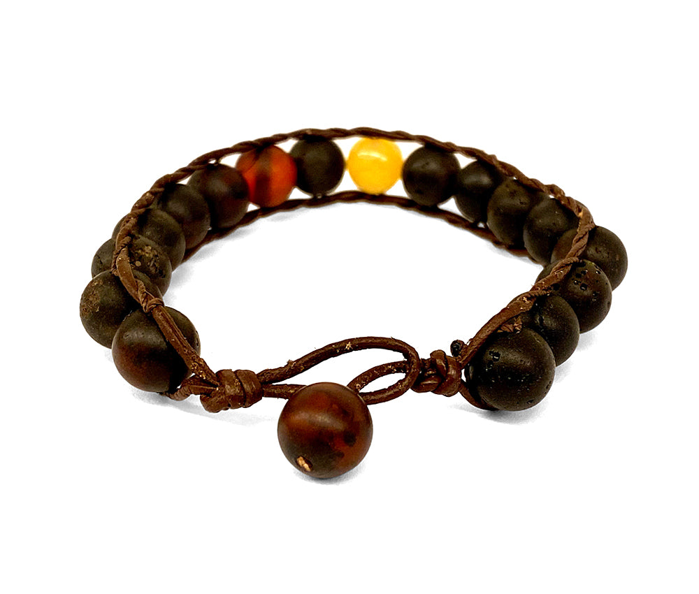 Armband Leder Bernstein-Kugeln Matt Unisex Unikat Rückseite