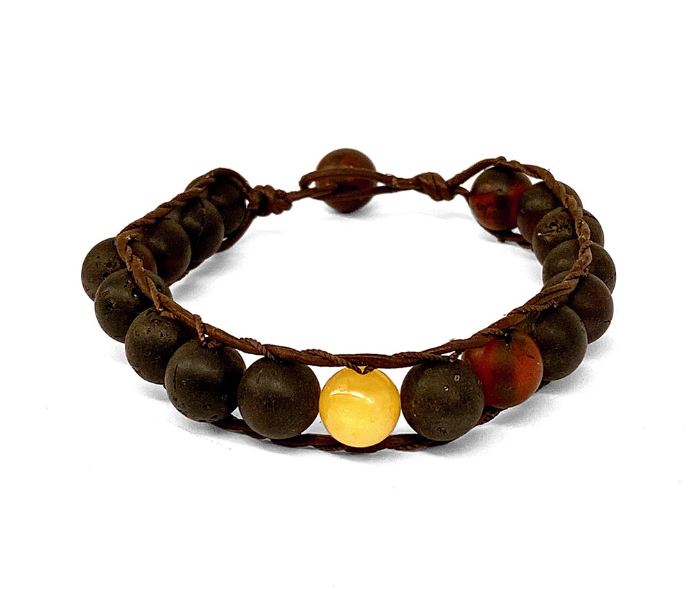 Armband Leder Bernstein-Kugeln Matt Unisex Unikat