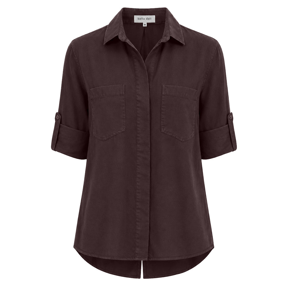 Bella Dahl Bluse Split Back Button Down Soft Touch Tencel Lyocell Chestnut Brown Braun