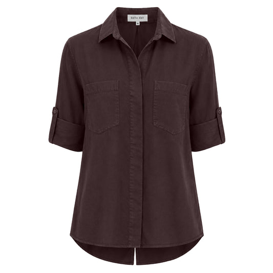 Bella Dahl Bluse Split Back Button Down Soft Touch Tencel Lyocell Chestnut Brown Braun