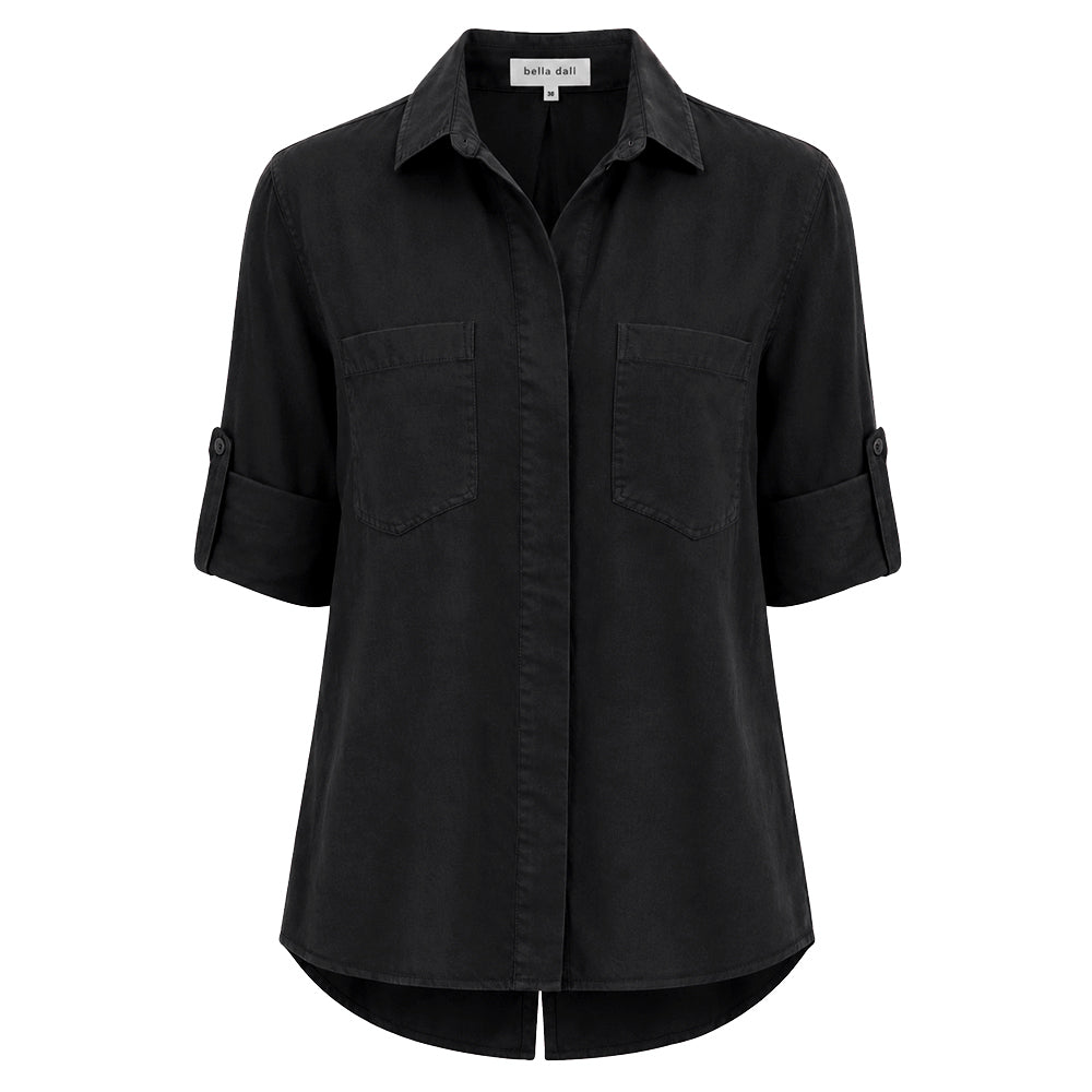 Bella Dahl Bluse Split Back Button Down Soft Touch Tencel Lyocell Vinted Black Wash Schwarz