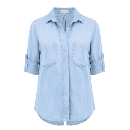 Bella Dahl Denim Bluse Split Back Button Jeans Lyocell Tencel
